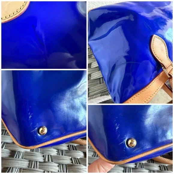 Dooney & Bourke Patent Leather Small Zip Satchel Electric Blue & Tan Trim - Picture 10 of 16